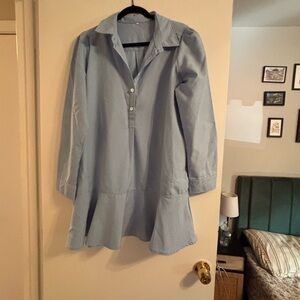 Light Blue Linen-Blend Shirt Dress